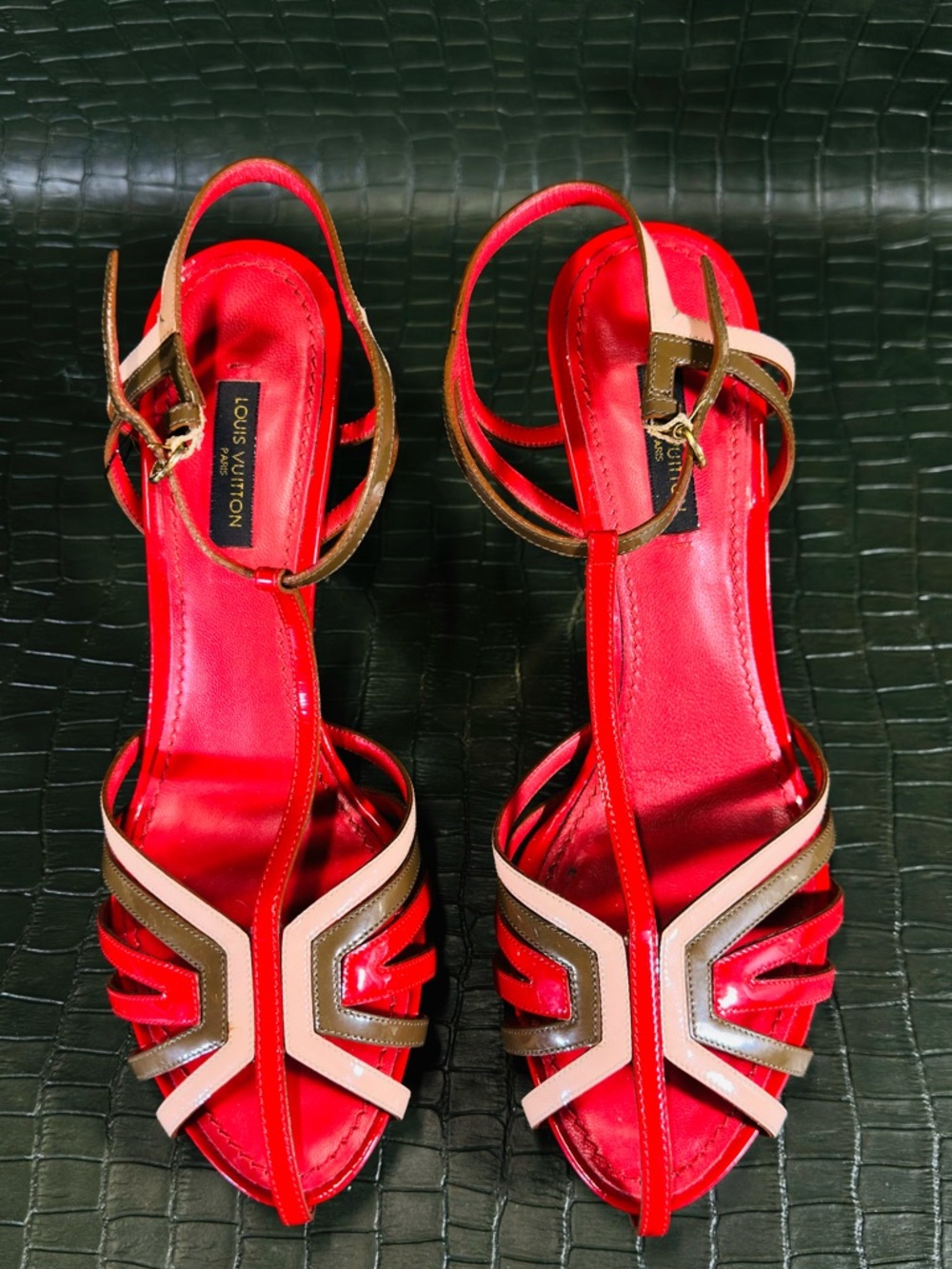 Louis Vuitton Red, Brown and Cream Strappy T‑Bar Heels